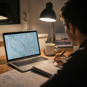 Student studying ATPL theory online at night with an aviation chart on screen